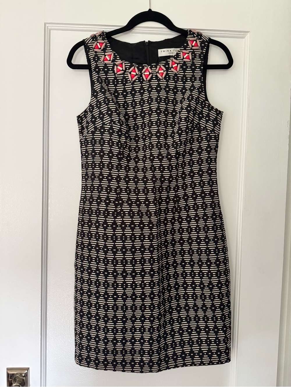 Trina Turk Black & White Geometric Sheath Dress with Pink Embellished Neckline